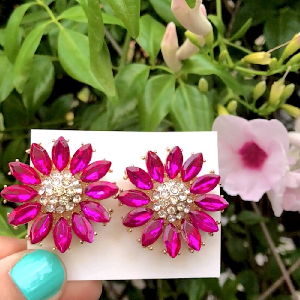 Hot Pink Sunflower Crystal Earrings - Picture 3 of 5